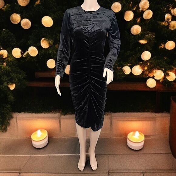 Witchy Ruched Velvet Midi Dress S Black Textured Long Sleeve Goth Sexy Romantic - Picture 11 of 16